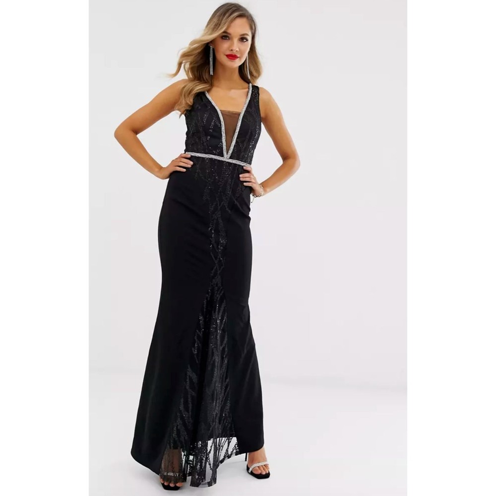 NWT City Goddess London Black Lace & Rhinestone Maxi Dress/Gown Train US 6/UK 10